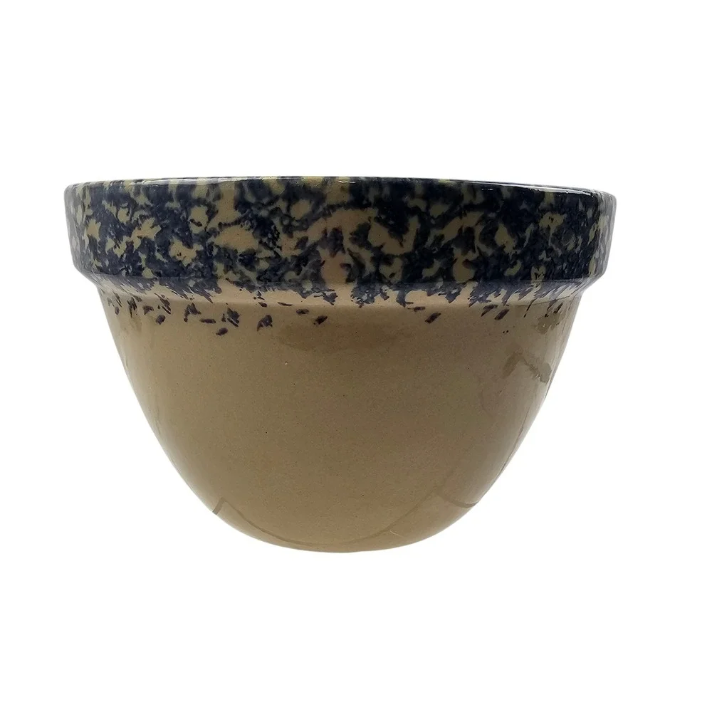 Vintage RRP Stoneware Mixing Bowl Tan Blue Spongeware Wheat Motif 9 Inch Round